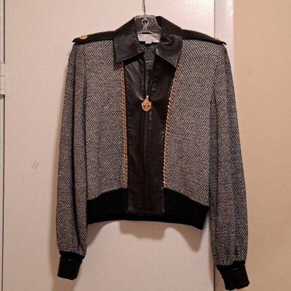 St John Collection Marie Grey Vintage Knit Short Jacket Leather trim sz S - Picture 3 of 13